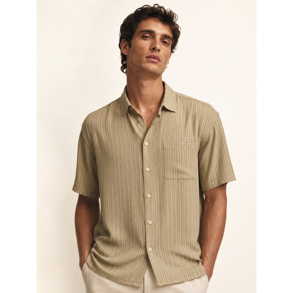 Sette Ponti Silk Shirt Mens XXL Tan Excellent Short Sleeve Striped Button Up